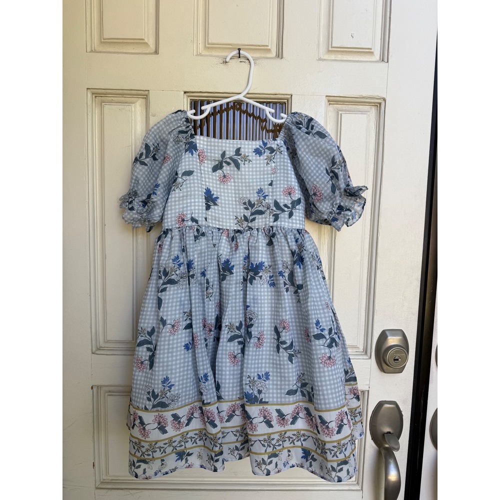 Pippa & Julie Girls Blue Gingham Floral Puff Sleeve Dress Size 5 50113BL
